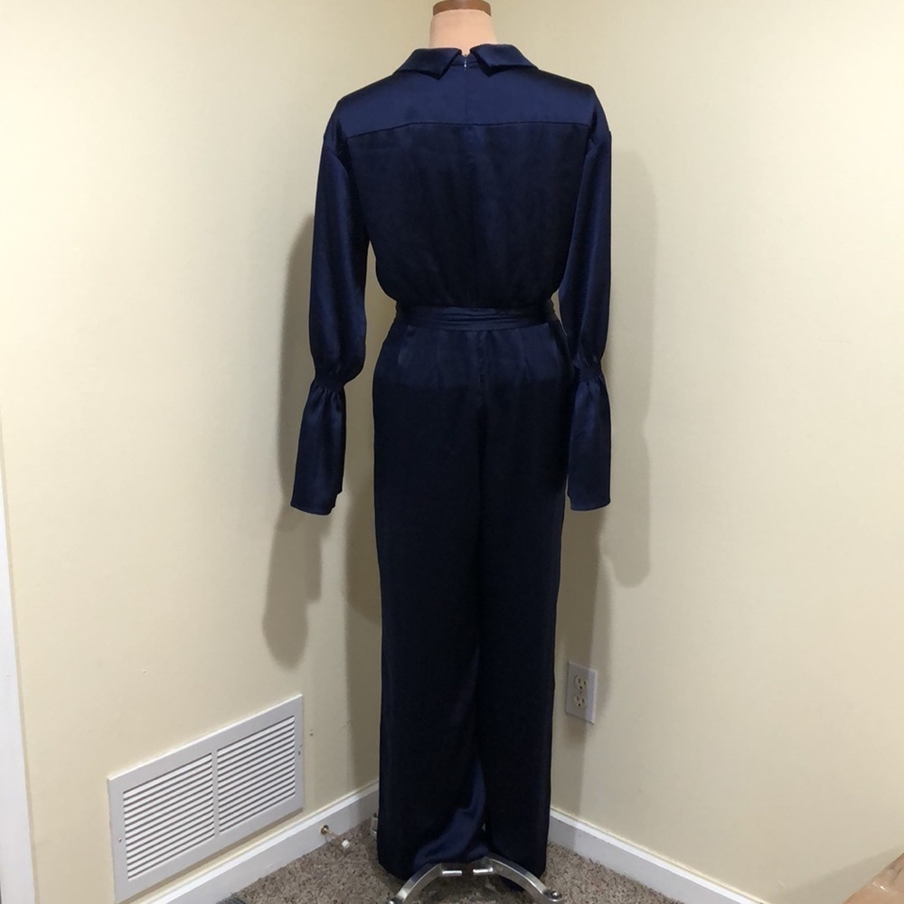 Three Floor Brigitte Jumpsuit Size US 6 Small Navy Blue Satin Ruffle Bell Sleeve - Picture 5 of 11